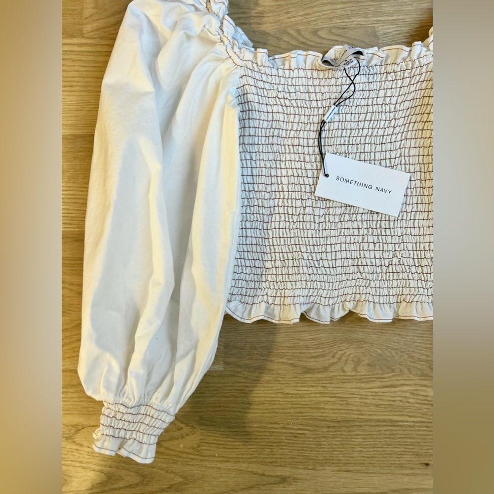 Something Navy Chambray Smocked Long Sleeve Top